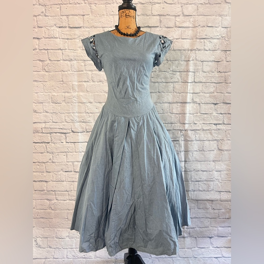 Vintage 80s Denim Dress Basketweave Sleeve Chambray Midi Fall Pinup Cottagecore